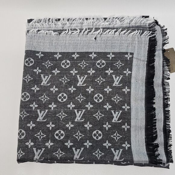 Louis Vuitton Silk/Wool Monogram Scarf Shawl Stole Black/Gray Made in Italy - Picture 12 of 16